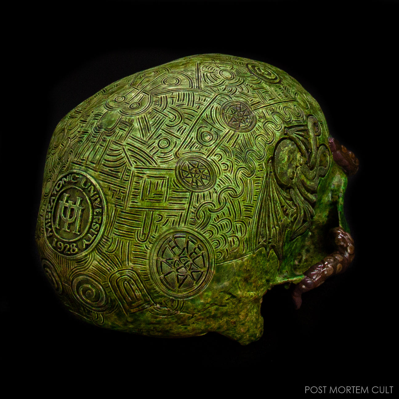 Detailed image of the Cthulhu sigil engraved on the side of the Lovecraft Skull by Post Mortem Cult.