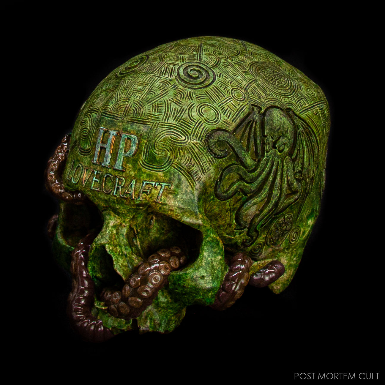 Top view revealing the intricate runes and circular symbols sculpted into the skull surface.