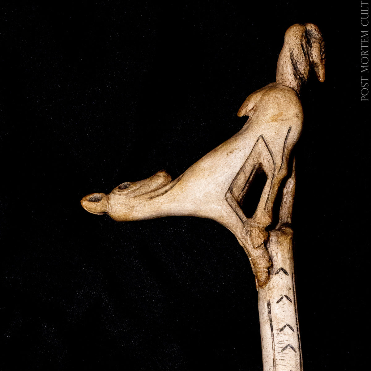 Detail of the Faon aux Oiseaux replica showing the sculpted animal composition of the Magdalenian Mas d’Azil spearthrower.