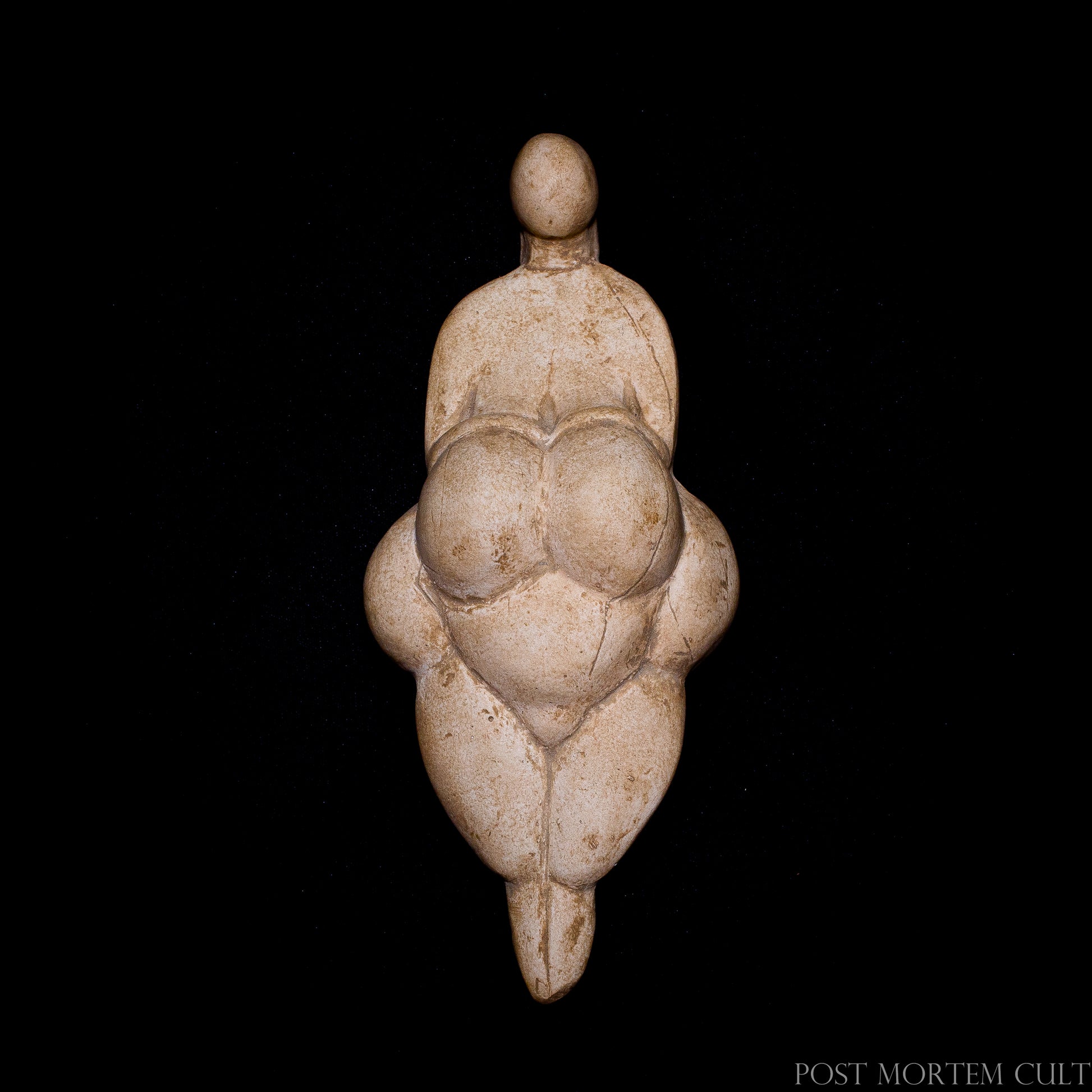Front view of the Venus of Lespugue replica, a Paleolithic fertility figurine inspired by one of the most iconic prehistoric sculptures discovered in France.