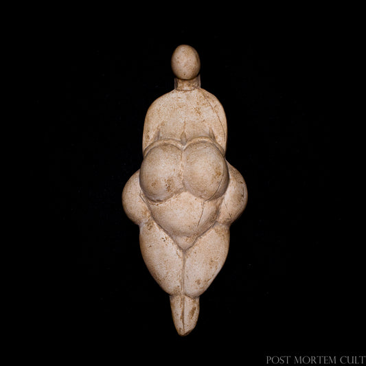 Front view of the Venus of Lespugue replica, a Paleolithic fertility figurine inspired by one of the most iconic prehistoric sculptures discovered in France.