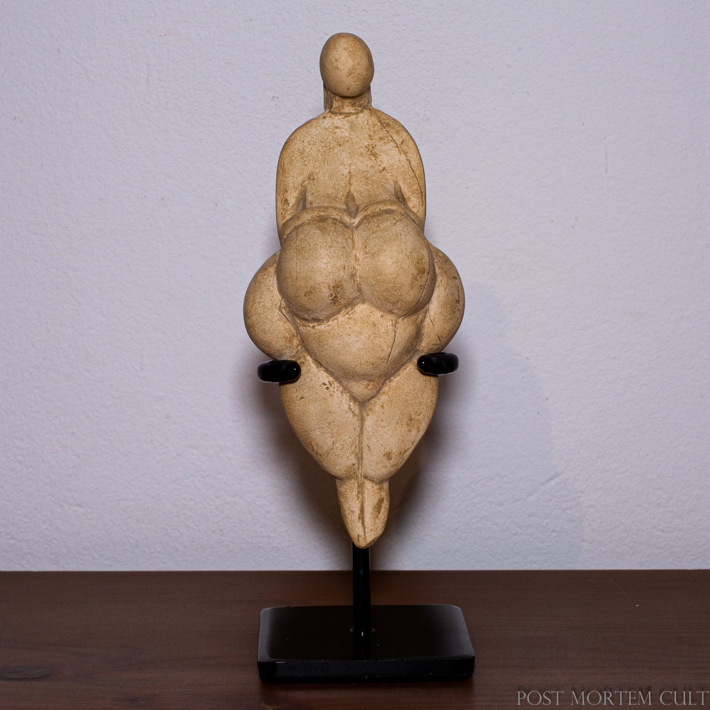 Rear view of the figurine displaying the pronounced hips and sculptural mass that define the iconic morphology of Paleolithic Venus sculptures.